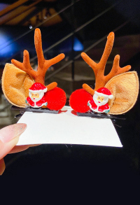 Girls Christmas Red Velvet Ball Acrylic Orange Reindeer Antler Santa Xmas Hair Clips Cosplay Accessory for Christmas with Cartoon Santa Claus Decoration