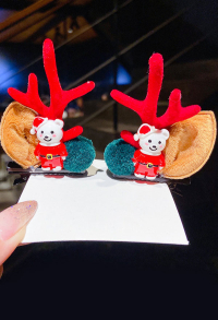 Girls Christmas Green Velvet Ball Acrylic Red Reindeer Antler Santa Xmas Hair Clips Cosplay Accessory for Christmas with Cartoon Polar Bear Decoration