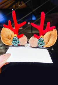 Girls Christmas Khaki Velvet Ball Acrylic Red Reindeer Antler Santa Xmas Hair Clips Cosplay Accessory for Christmas with Cartoon Christmas Tree Decoration