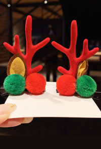 Girls Christmas Acrylic Red Reindeer Antler Santa Xmas Hair Clips Cosplay Accessory with Red and Green Velvet Ball for Christmas