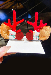 Girls Christmas Red Velvet Ball Acrylic Brown Reindeer Antler Santa Xmas Hair Clips Cosplay Accessory for Christmas with Cartoon Snowman Decoration
