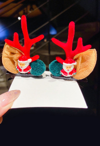 Girls Christmas Green Velvet Ball Acrylic Red Reindeer Antler Santa Xmas Hair Clips Cosplay Accessory for Christmas with Cartoon Santa Claus Decoration