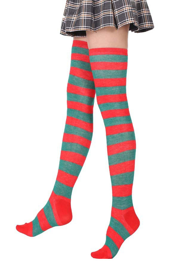 Woman Red and Green Stripe Thigh High Stockings Christmas Cosplay Top quality Stockings for Sale