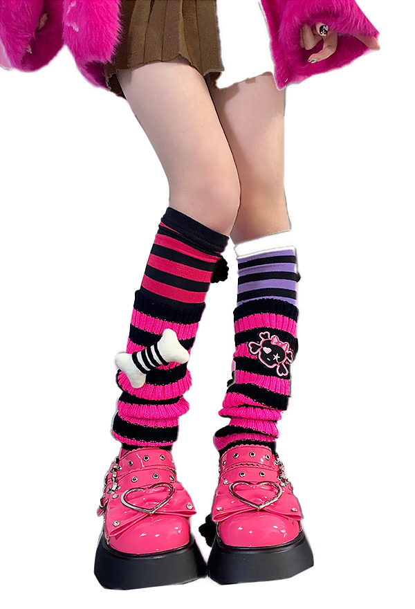 Harajuku Y2K Leg Warmers Striped Bone Skull Print Knit Warm Knee High Loose Socks Top
