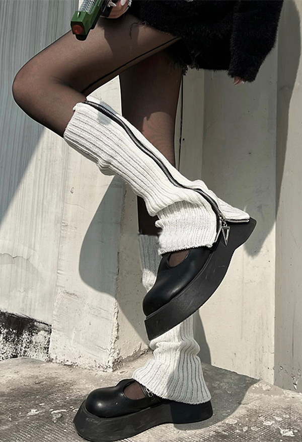 Women Y2K Style Leg Warmers Zipper Knit Warm Knee High Loose Socks