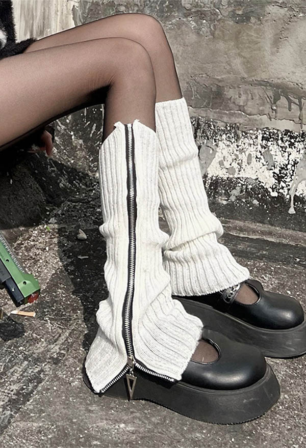 Women Y2K Style Leg Warmers Zipper Knit Warm Knee High Loose Socks