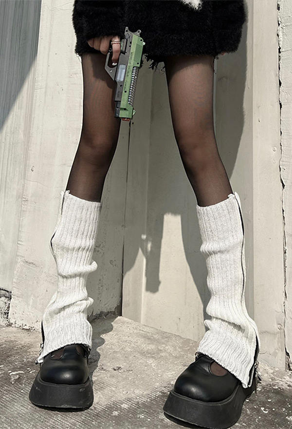 Women Y2K Style Leg Warmers Zipper Knit Warm Knee High Loose Socks