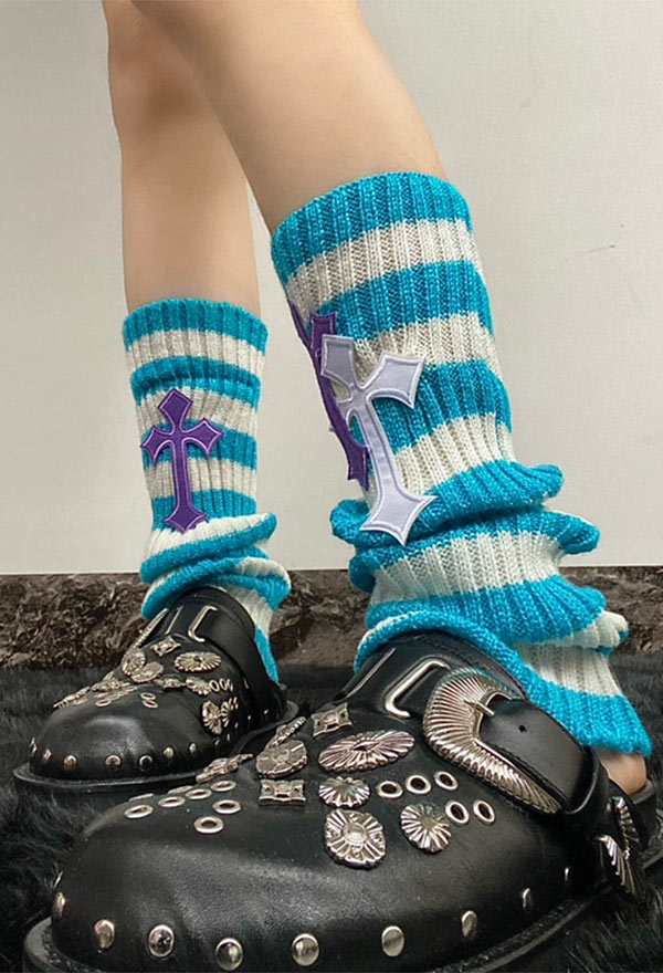 Y2K Fashion Harajuku Style Blue Striped Leg Warmers Punk Cross