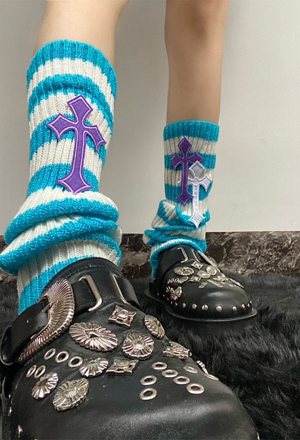 Y2K Fashion Harajuku Style Blue Striped Leg Warmers Punk Cross