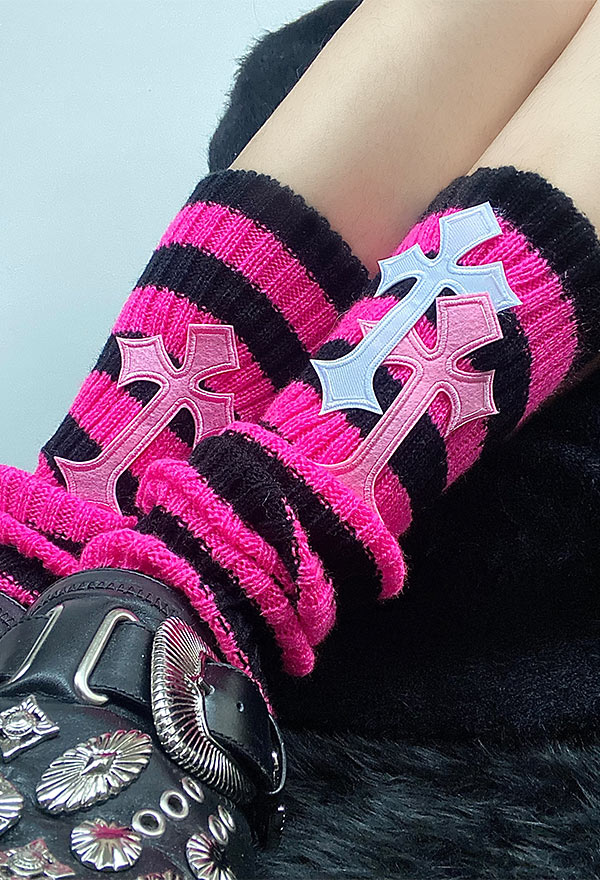Y2K Fashion Harajuku Style Red Striped Leg Warmers Punk Cross Pattern