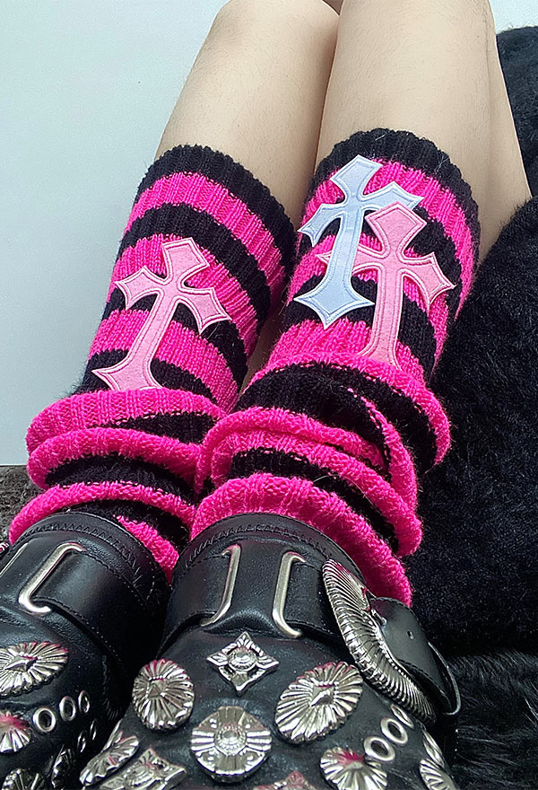 Y2K Fashion Harajuku Style Red Striped Leg Warmers Punk Cross Pattern