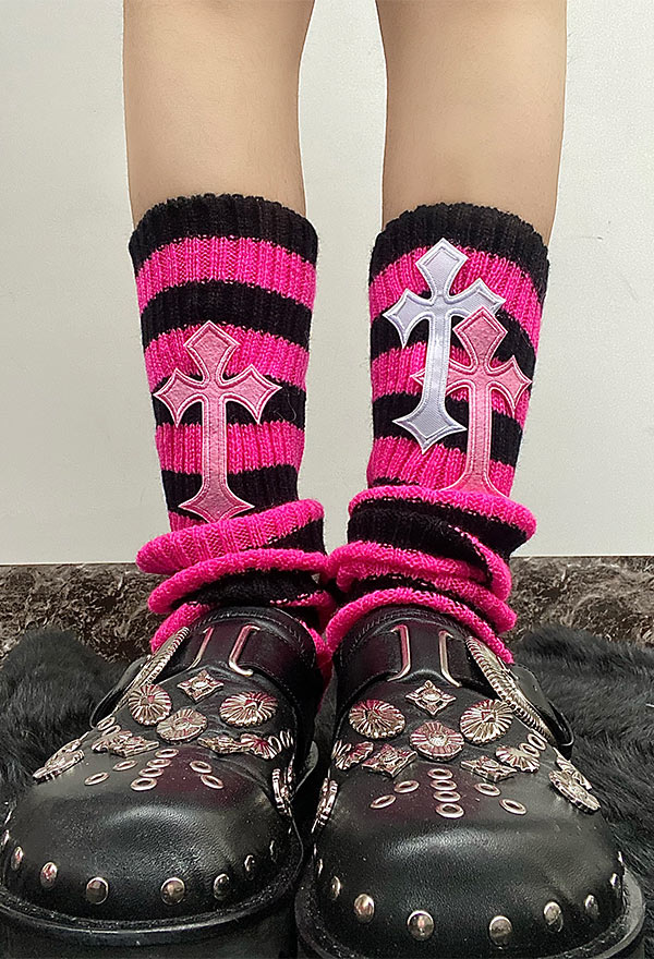 Y2K Fashion Harajuku Style Red Striped Leg Warmers Punk Cross Pattern