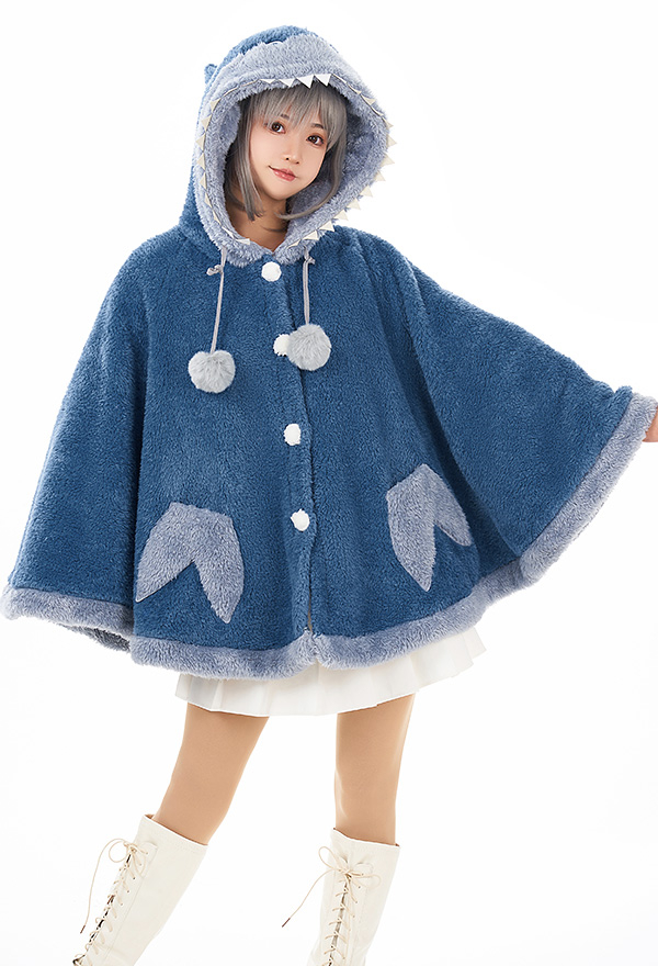 Cape à Capuche Femme Poncho Requin Bleu Manteau Cape