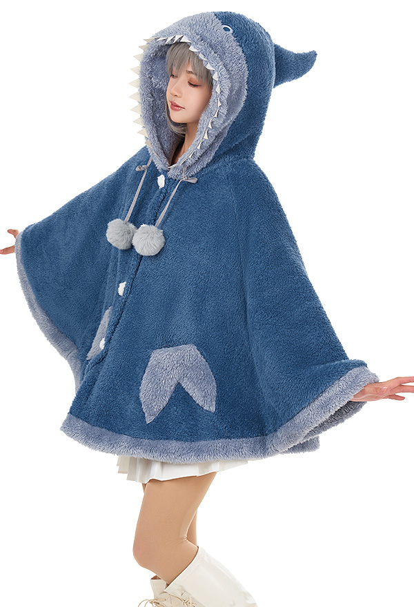 Cape à Capuche Femme Poncho Requin Bleu Manteau Cape