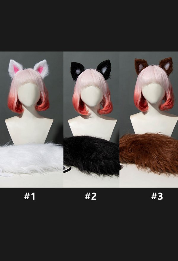 Furry Animal Ears Headband and Tail Set - Halloween Cat Wolf  display picture 3