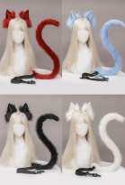 Japanese Style Cat Plush Ears KC and Tail Set Handmade Faux Fur Headband Animal Cosplay Accessory Outfit