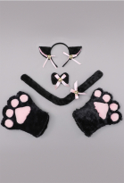 Women Kawaii Pink Bow Decorated Plush Furry Cat Ears Tail Gloves Headwear Set Cosplay Accessory Outfits