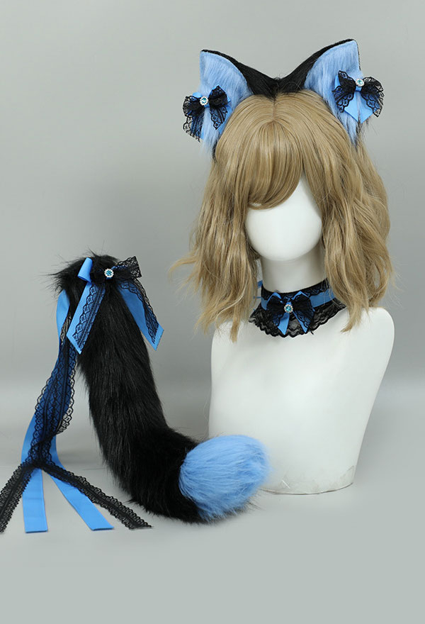 Coiffe des Oreilles de Chat Queue Collier en Dentelle Animal Set Accessoire de Cosplay