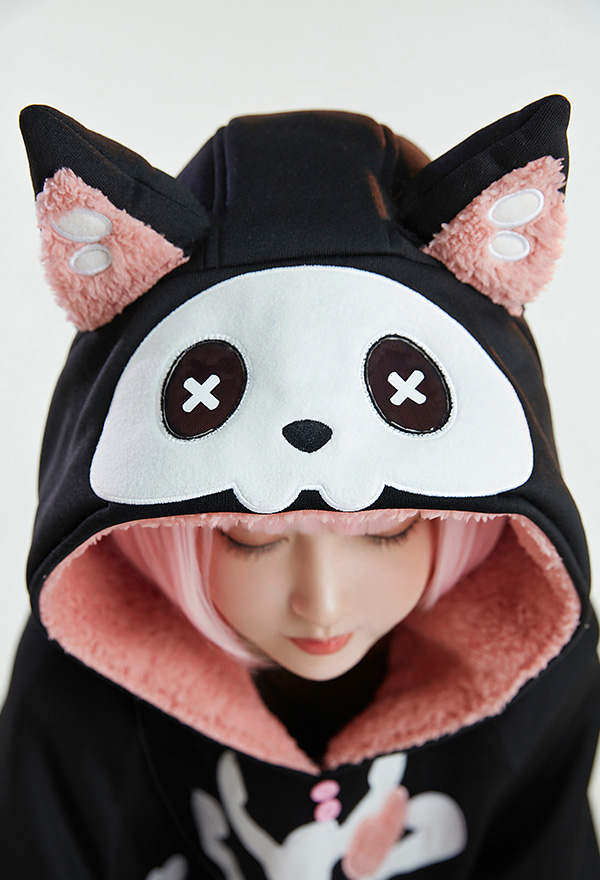 Cape Kawaii Cartoon à Capuche Noir Manche Longue Halloween Motif Chat Squelette