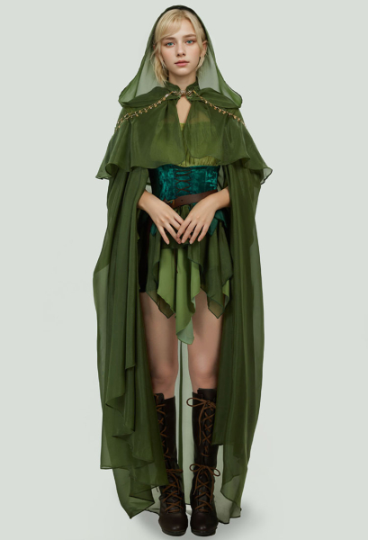 Women Medieval Elegant Princess Elf Cloak - Green Cape with