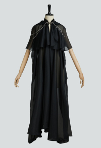 Medieval Elf Cloak Black Flowing Chiffon Hooded Cloak with Decorative Chain