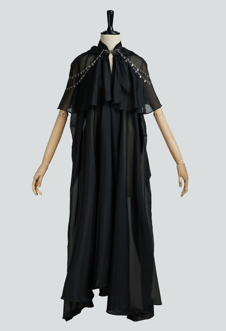 Medieval Elf Cloak Black Flowing Chiffon Hooded Cloak with Decorative Chain