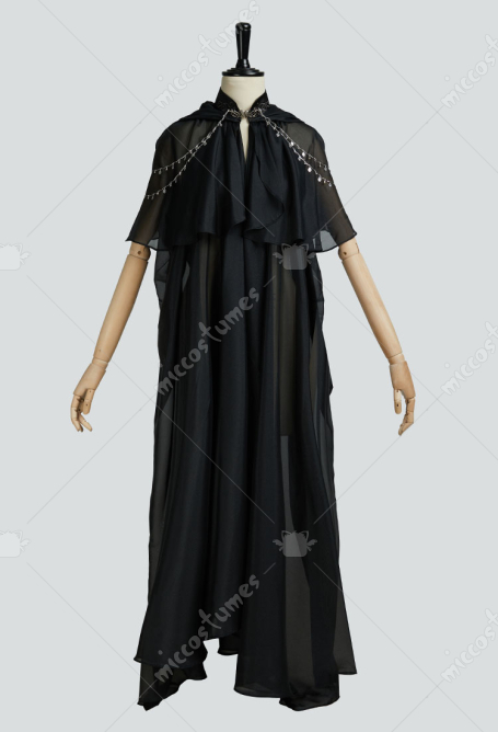 Medieval Elf Cloak Black Flowing Chiffon Hooded Cloak with Decorative Chain