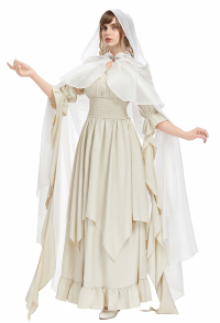 Medieval Elf Cloak White Flowing Chiffon Hooded Cloak with Decorative Chain