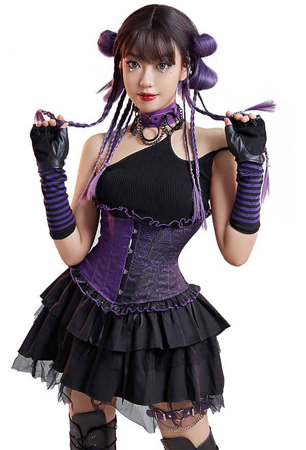 Women Gothic Corset Spider Web Butterfly Print Lace Boned Waist Training Underbust Corset