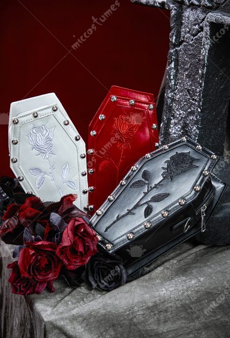 Halloween Gothic Coffin Crossbody Bag with Rose Embroidery and Rivets