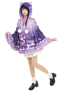Genshin Impact Raiden Shogun Derivative Cape Kawaii Purple Floral Pattern Fox Ears Hooded Cloak