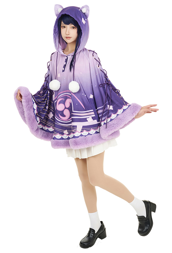 Genshin Impact Raiden Shogun Derivative Cape Kawaii Purple Floral Pattern Fox Ears Hooded Cloak