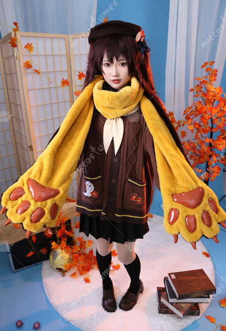 Hu Tao Derivative Kawaii Plush Scarf with Cat Paws Design Long Scarf Furry Wrap Shawl