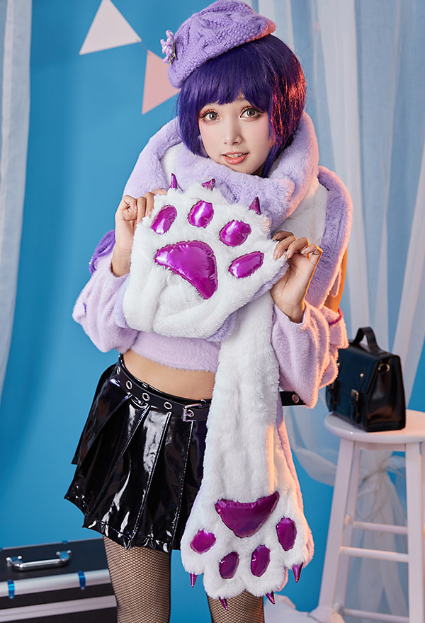 Raiden Shogun Derivative Kawaii Plush Scarf with Cat Paws Design Long Scarf Furry Wrap Shawl