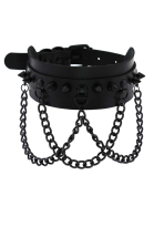 Punk PU Choker with Cross Chain Double Layer Dark Black Spike Collar Halloween Costume Choker