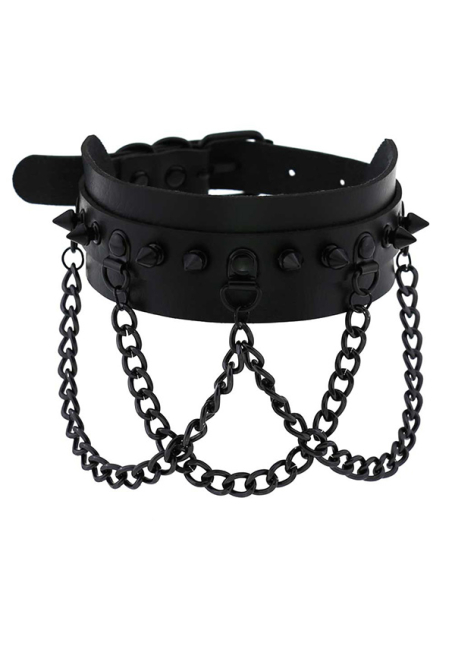 Punk PU Choker with Cross Chain Double Layer Dark Black Spike Collar Halloween Costume Choker