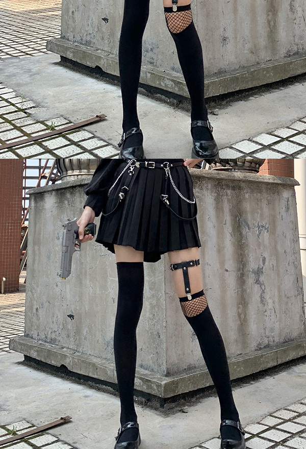 NightExperiment Woman Gótico Estilo Oscuro Negro Conjunto de tres piezas Calcetín hasta la rodilla y medias empalmadas de rejilla Accesorios de cosplay con Forma de Hebilla de Metal Única Trabilla para la Pierna