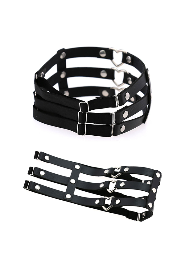 Gothic Punk Women Girls Fashion Faux Leather Stretchy Thigh Ring Sexy Three  Row Heart Hollow Out Leg Harness Accessory