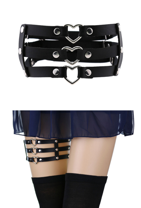 Gothic Punk Women Girls Fashion Faux Leather Stretchy Thigh Ring Sexy Three Row Heart Hollow Out Leg Harness Accessory
