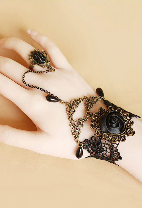 Retro Palast Gothic Lolita Gotische Dunkle Mode Spitze Armband Ring Set