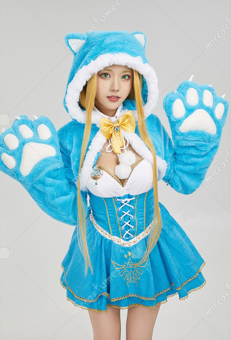 Princess Zelda Derivative Short Hooded Cloak with Big Furry Paw Gloves Kawaii Short Cape Coat Cosplay