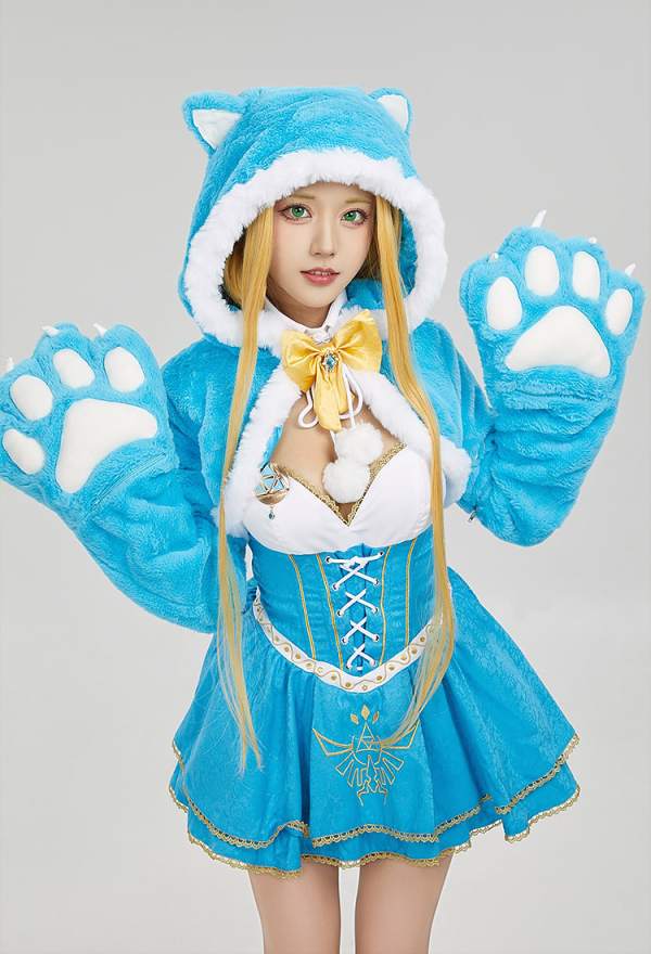 Women Princess Short Hooded Cloak with Big Furry Paw Gloves