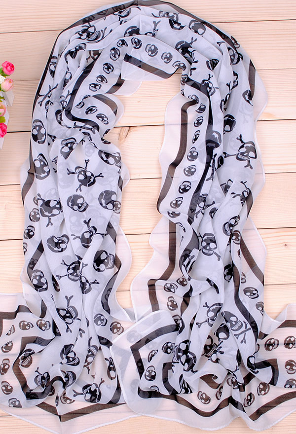 Halloween Chiffon Scarf - Skull Print Lightweight Long Shawl wrap