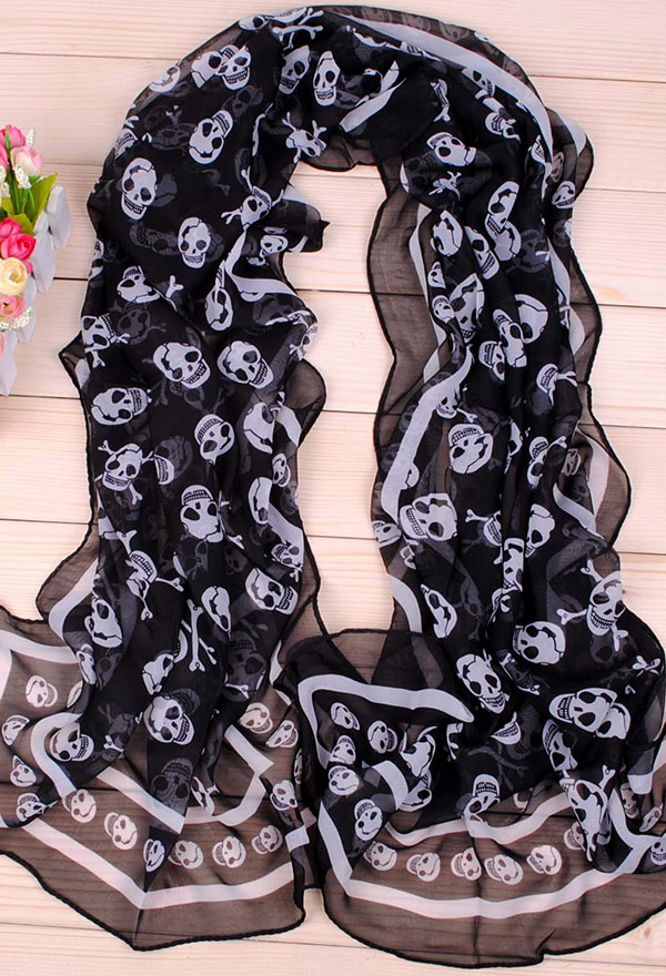 Halloween Chiffon Scarf - Skull Print Lightweight Long Shawl wrap