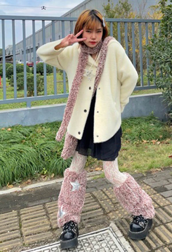 Women Y2K Vintage Style Leg Warmer Star Print Pink Plush Leg Warmer