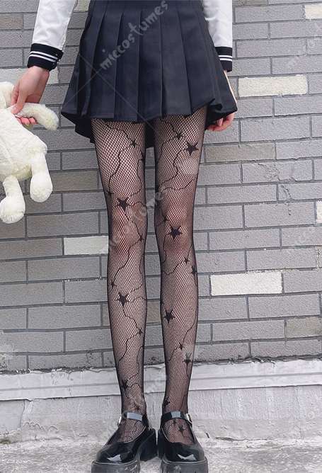 Cakuoyi Women Hollow Fishing Net Pantyhose Ultra Thin Star Pattern Stockings 2 Pairs