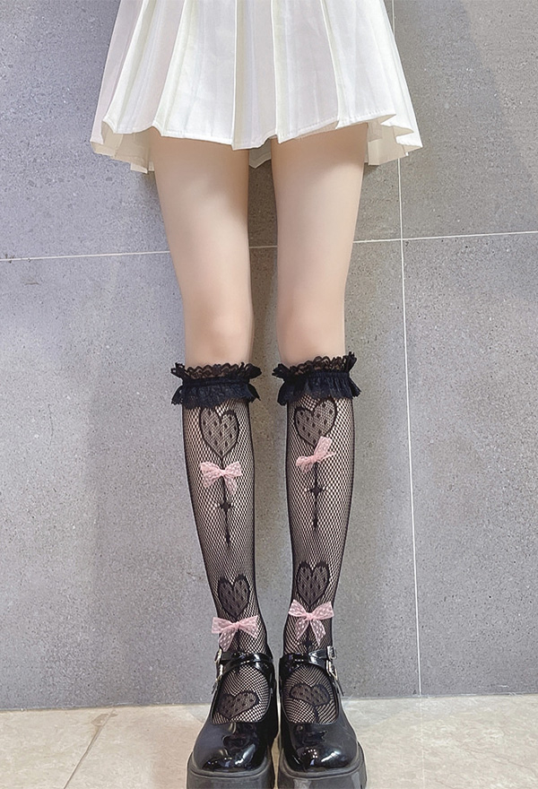Kyoii★韓国ブランド★CORSET FRILL SK+LACE KNEE SOCKS SET Japanese Style Hollow-Out Net Knee Socks - Women Bowknot