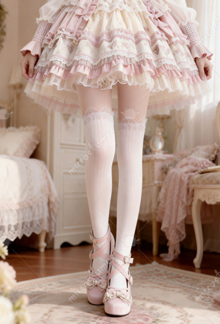 Lace-trimmed Lolita-style Pantyhose with Vertical Stripes