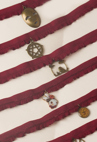 Gothic Lolita Accessory Dark Retro Wine Red Soft Ribbon Choker Short Necklace Bronze Alloy Pendant Handmade Bird Clock Face Scissors Pentagram Design Neck Accessory
