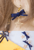 Sweet Lolita Golden Star Pendant Blue Ribbon Bowknot Ear Drop Earrings Silver Elegant Piercing Dangle Earring